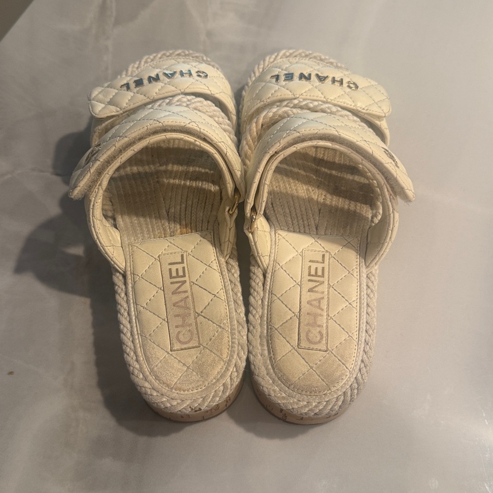 CHANEL Cream Quilted Rope Strap Slide Sandals - Picture 2 of 11